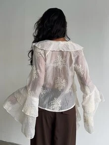 SHEIN Allurite Off‑White Sheer Blouse Ruffle Flare Long Sleeve Cutout Neck Embroidery Fall Women Dressy To - Apricot - View 2