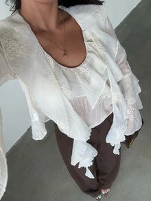 SHEIN Allurite Off‑White Sheer Blouse Ruffle Flare Long Sleeve Cutout Neck Embroidery Fall Women Dressy To - Apricot - View 5