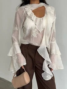 SHEIN Allurite Off‑White Sheer Blouse Ruffle Flare Long Sleeve Cutout Neck Embroidery Fall Women Dressy To - Apricot - View 3