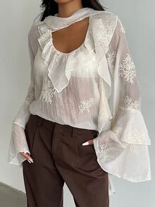 SHEIN Allurite Off‑White Sheer Blouse Ruffle Flare Long Sleeve Cutout Neck Embroidery Fall Women Dressy To - Apricot - View 6