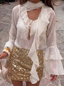 SHEIN Allurite Off‑White Sheer Blouse Ruffle Flare Long Sleeve Cutout Neck Embroidery Fall Women Dressy To - Apricot - View 10