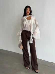 SHEIN Allurite Off‑White Sheer Blouse Ruffle Flare Long Sleeve Cutout Neck Embroidery Fall Women Dressy To - Apricot - View 8