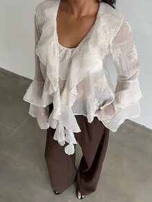 SHEIN Allurite Off‑White Sheer Blouse Ruffle Flare Long Sleeve Cutout Neck Embroidery Fall Women Dressy To - Apricot - View 9