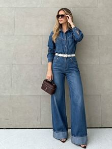 Anewsta Women's Modern Retro Versatile Loose Studded Long Sleeve Denim Shirt - Blue - View 3