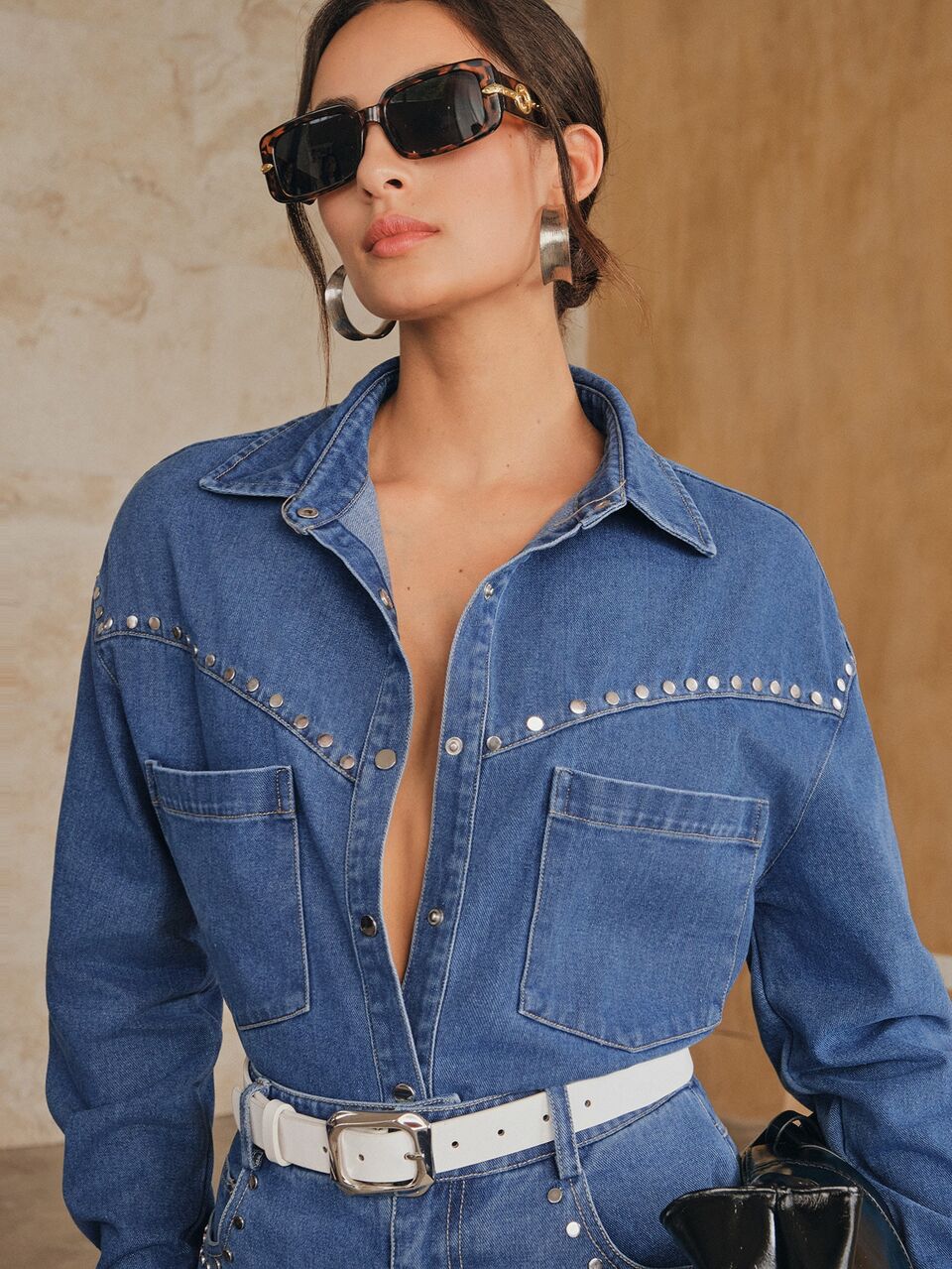 Anewsta Women's Modern Retro Versatile Loose Studded Long Sleeve Denim Shirt