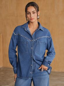 Anewsta Women's Modern Retro Versatile Loose Studded Long Sleeve Denim Shirt - Blue - View 4