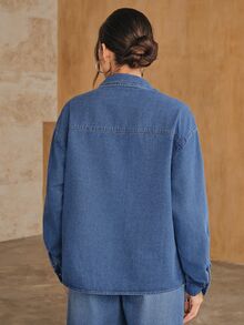 Anewsta Women's Modern Retro Versatile Loose Studded Long Sleeve Denim Shirt - Blue - View 8