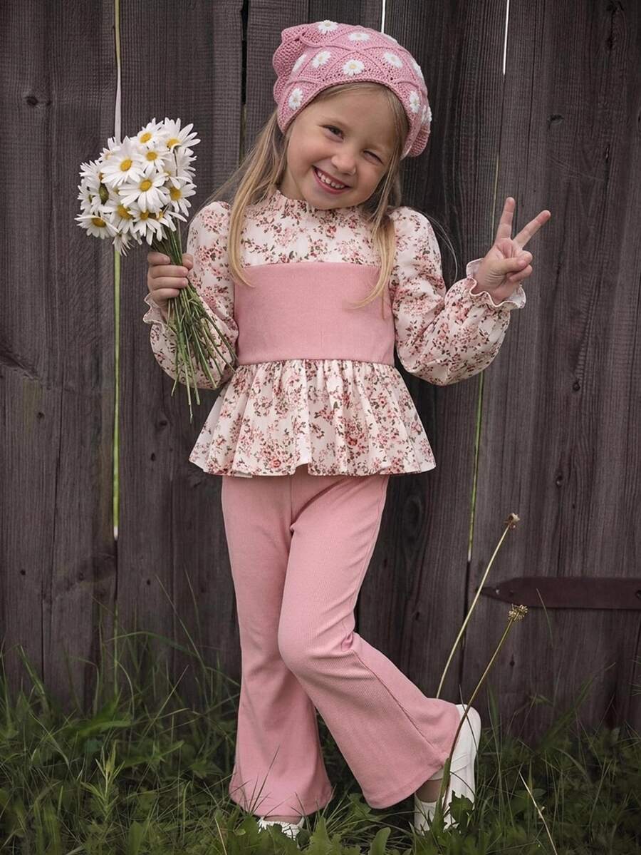 SHEIN Young Girl Young Girl Young Girl Young Girl Floral Patchwork Ruffle Peplum Top With Puff Sleeves & Ribbed Flare Pants 2 Pieces Set - Pink - View 1