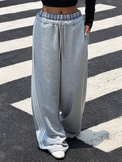 Muchica Women's New Autumn/Winter Light Gray Double-Layer Waistband Patchwork Webbing Casual Loose Sweatpants For Going Out, Streetwear, Y2K