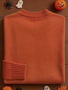 SHEIN Autumn/Winter, Casual, Round Neck Halloween Pattern Sweater, Holiday Outfit, Women's Sweater - Burnt Orange - View 3