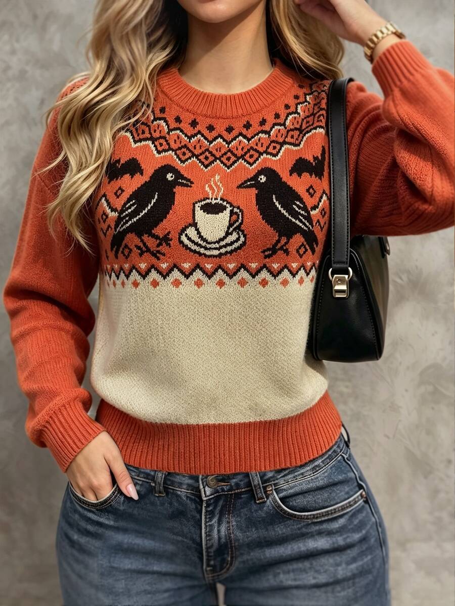SHEIN Autumn/Winter, Casual, Round Neck Halloween Pattern Sweater, Holiday Outfit, Women's Sweater