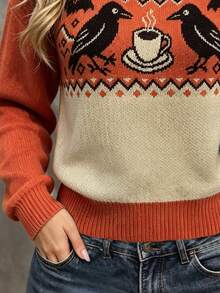 SHEIN Autumn/Winter, Casual, Round Neck Halloween Pattern Sweater, Holiday Outfit, Women's Sweater - Burnt Orange - View 6