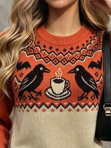 SHEIN Autumn/Winter, Casual, Round Neck Halloween Pattern Sweater, Holiday Outfit, Women's Sweater - Burnt Orange - View 5