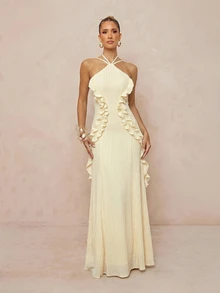 Lumalex Buttercream Ribbed Halter Maxi Dress With Crisscross Neck Tie Back Straps Cascading Ruffle Trim Flowing A Line Skirt Summer Party Dresses For Womem - Apricot - View 6