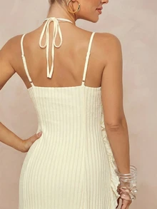 Lumalex Buttercream Ribbed Halter Maxi Dress With Crisscross Neck Tie Back Straps Cascading Ruffle Trim Flowing A Line Skirt Summer Party Dresses For Womem - Apricot - View 7