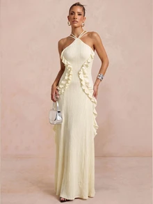 Lumalex Buttercream Ribbed Halter Maxi Dress With Crisscross Neck Tie Back Straps Cascading Ruffle Trim Flowing A Line Skirt Summer Party Dresses For Womem - Apricot - View 8