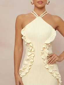 Lumalex Buttercream Ribbed Halter Maxi Dress With Crisscross Neck Tie Back Straps Cascading Ruffle Trim Flowing A Line Skirt Summer Party Dresses For Womem - Apricot - View 10