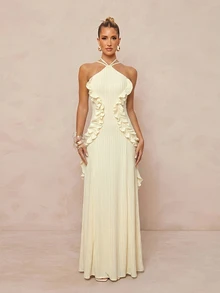 Lumalex Buttercream Ribbed Halter Maxi Dress With Crisscross Neck Tie Back Straps Cascading Ruffle Trim Flowing A Line Skirt Summer Party Dresses For Womem - Apricot - View 5