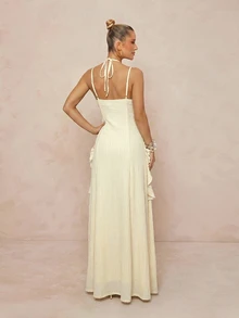 Lumalex Buttercream Ribbed Halter Maxi Dress With Crisscross Neck Tie Back Straps Cascading Ruffle Trim Flowing A Line Skirt Summer Party Dresses For Womem - Apricot - View 3