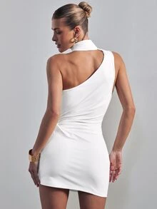Hauture Women's One Shoulder Draped Casual Stretch Knit Dress Office Wear - White - View 2