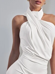 Hauture Women's One Shoulder Draped Casual Stretch Knit Dress Office Wear - White - View 5