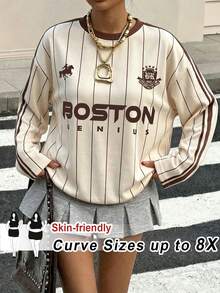 SHEIN CURVE+ تي شيرت نسائي كاجوال بسيط بمقاسات كبيرة مع خطوط وحروف للربيع والخريف - بيج - مشاهدة 1