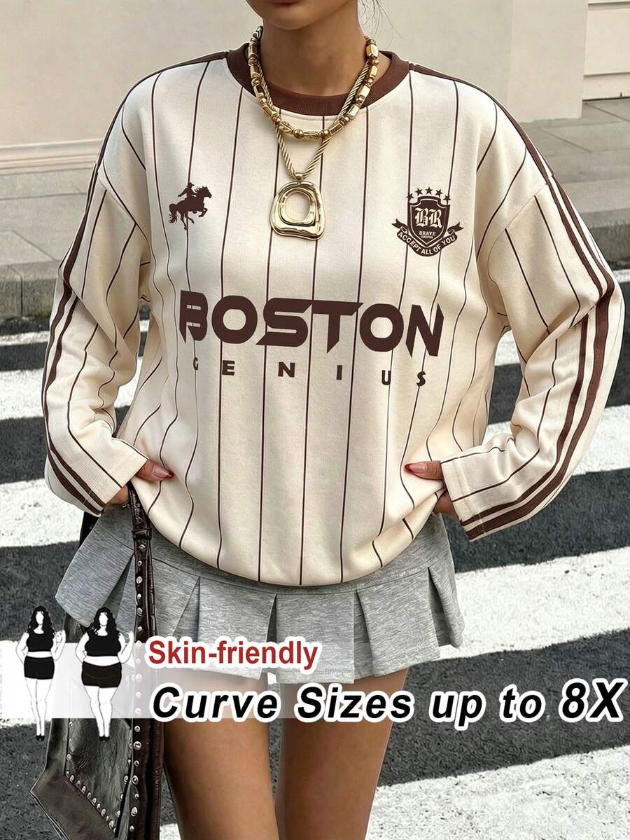 SHEIN CURVE+ تي شيرت نسائي كاجوال بسيط بمقاسات كبيرة مع خطوط وحروف للربيع والخريف - بيج - مشاهدة 1