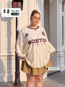 SHEIN CURVE+ تي شيرت نسائي كاجوال بسيط بمقاسات كبيرة مع خطوط وحروف للربيع والخريف - بيج - مشاهدة 9