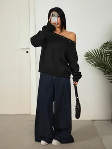 SHEIN PETITE 女款鉚釘裝飾不對稱肩休閒百搭日常穿著毛衣 - 黑色 - 查看 5