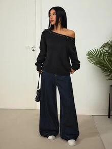SHEIN PETITE 女款鉚釘裝飾不對稱肩休閒百搭日常穿著毛衣 - 黑色 - 查看 4