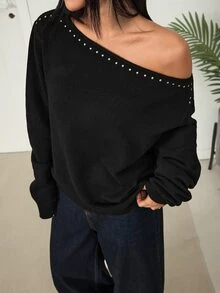 SHEIN PETITE 女款鉚釘裝飾不對稱肩休閒百搭日常穿著毛衣 - 黑色 - 查看 3