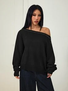 SHEIN PETITE 女款鉚釘裝飾不對稱肩休閒百搭日常穿著毛衣 - 黑色 - 查看 1