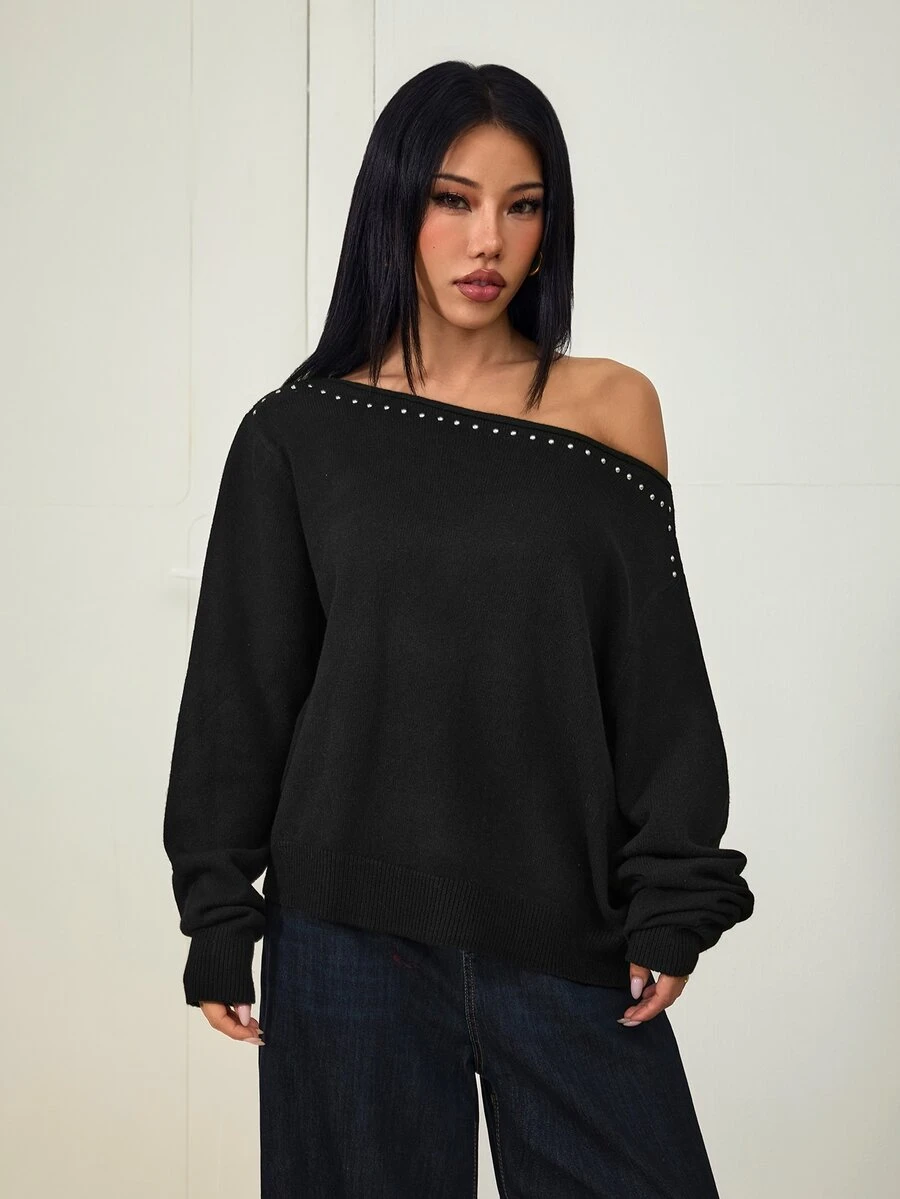 SHEIN PETITE 女款鉚釘裝飾不對稱肩休閒百搭日常穿著毛衣 - 黑色 - 查看 1