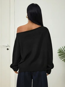 SHEIN PETITE 女款鉚釘裝飾不對稱肩休閒百搭日常穿著毛衣 - 黑色 - 查看 2