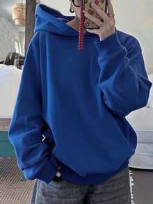 Attitoon Summer Simple Casual Solid Color Pullover Hooded Long Sleeve Sweatshirt Without Drawstring Oversize - Royal Blue - View 6