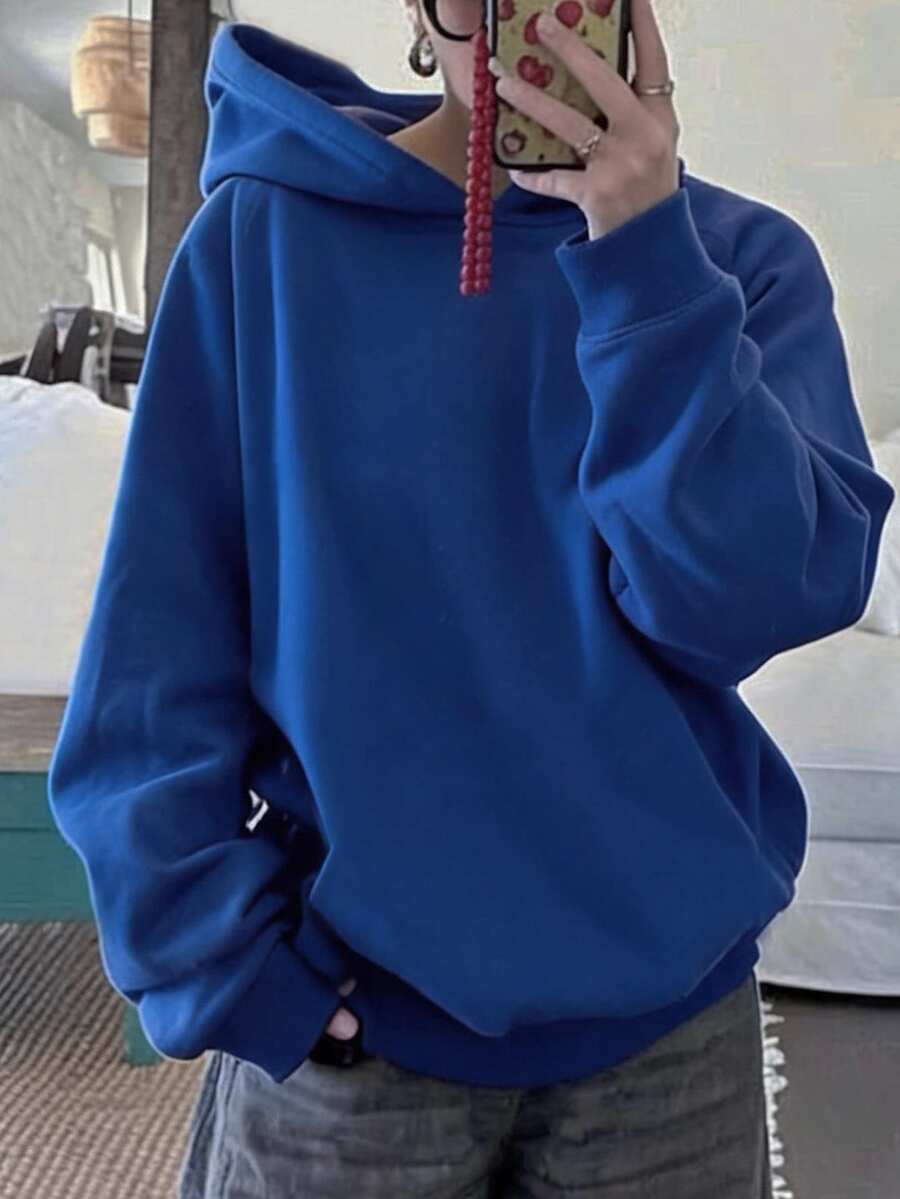 Attitoon Summer Simple Casual Solid Color Pullover Hooded Long Sleeve Sweatshirt Without Drawstring Oversize - Royal Blue - View 1