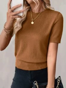 SHEIN 女款素色圓領短袖休閒針織上衣 教師節辦公室穿搭 棕色 夏季 - 棕色 - 查看 4