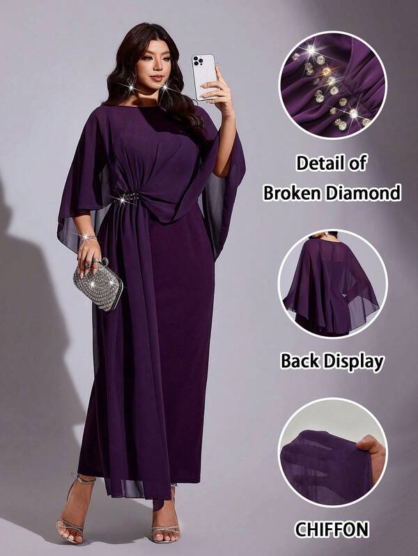 Viva Relle Plus Size Women's Beaded Decor Sheer Chiffon Elegant Romantic Dress