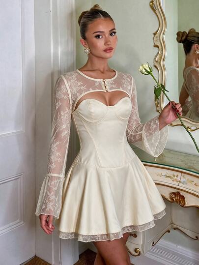 Glamine Charm Rochie elegantă din satin și dantelă, patchwork, 2 bucăți