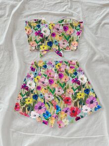 Soleia 多色花卉印花短款抹胸和短裤套装，采用柔软针织面料 花卉两件套 两件套 夏季两件套 女士 多色 多色花卉两件套 - 彩色 - 查看 3