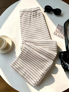 SHEIN Tween Girl Fall Clothes Spring/Summer/Autumn Versatile Knitted Striped Casual Long Pants, Adjustable Drawstring Waist, Elastic Comfortable Fit - Khaki - View 3