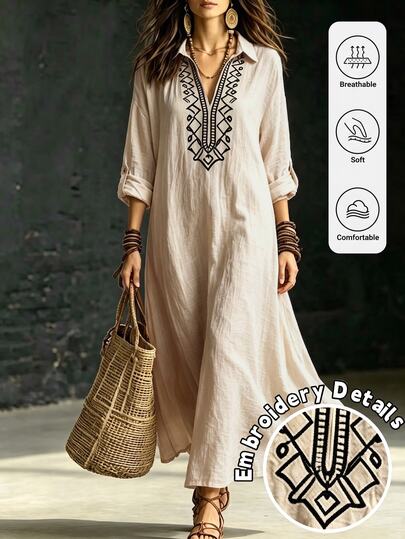 LanaWest Gaun Kemeja Panjang Bergaya Bohemian Vintage dari Linen Imitasi yang Dicuci, Gaun Maxi Kasual Santai Berkerah V dengan Bordir dan Model Drape