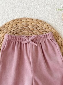 SHEIN 女嬰羅紋蝴蝶結前開口長褲 - 藕粉色 - 查看 3