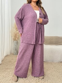 SHEIN CURVE+ طقم معطف بأزرار أمامية وأكتاف منسدلة & بنطال واسع الساق مقاس كبير - ارجواني فاتح - مشاهدة 8