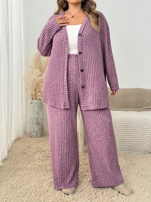 SHEIN CURVE+ طقم معطف بأزرار أمامية وأكتاف منسدلة & بنطال واسع الساق مقاس كبير - ارجواني فاتح - مشاهدة 3