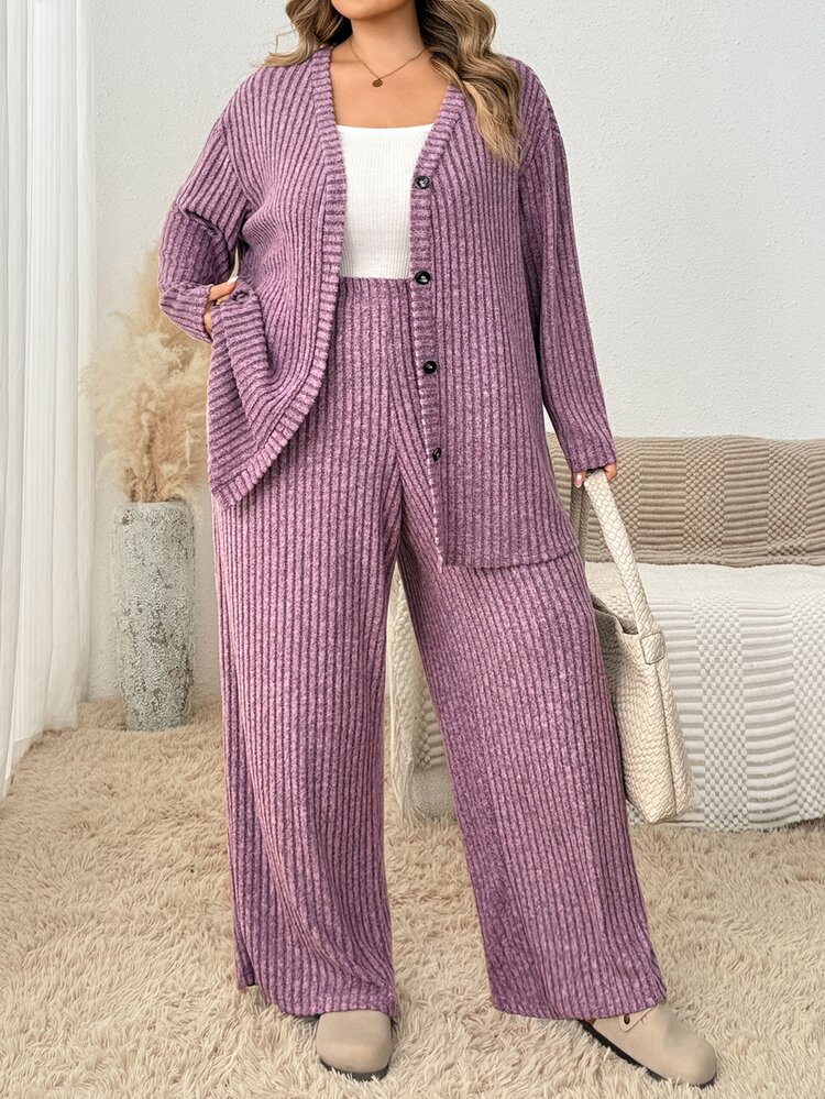 SHEIN CURVE+ 大尺碼落肩前開鈕扣外套與寬腿長褲套裝 - 淡紫色 - 查看 5