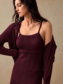 Willow Rêve Women's Ribbed Knit Cardigan And Fitted Cami Dress 2 Pieces Set With Button Front, Elegant Romantic Fall Office High Tea Everyday Date Brunch Burgundy - Burgundy - View 8
