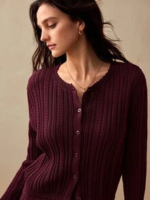 Willow Rêve Women's Ribbed Knit Cardigan And Fitted Cami Dress 2 Pieces Set With Button Front, Elegant Romantic Fall Office High Tea Everyday Date Brunch Burgundy - Burgundy - View 5