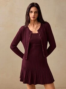 Willow Rêve Women's Ribbed Knit Cardigan And Fitted Cami Dress 2 Pieces Set With Button Front, Elegant Romantic Fall Office High Tea Everyday Date Brunch Burgundy - Burgundy - View 6