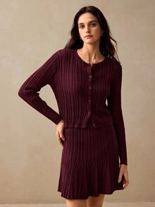 Willow Rêve Women's Ribbed Knit Cardigan And Fitted Cami Dress 2 Pieces Set With Button Front, Elegant Romantic Fall Office High Tea Everyday Date Brunch Burgundy - Burgundy - View 4